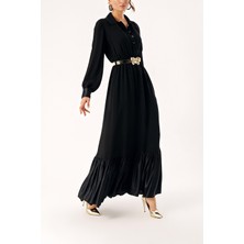 Siyah Beli Lastikli Büzgülü Uzun Elbise 94289