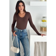 Kadın Likralı V Yaka Uzun Kollu Bluz – Esnek & Günlük Şıklık