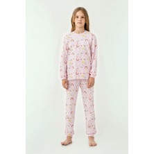 Miniğimin Cicileri Gökkuşağı Baskılı Sıfır Yaka Pamuklu Kız Çocuk pijama takımı - Pembe
