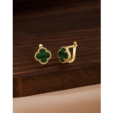 925 Ayar Yeşil Kaplangözü Taşlı Gold Yonca Gümüş Küpe