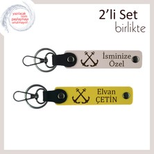 Gemi Severlere Isme Özel Deri Anahtarlık, Denizcilik Ruhu Taşıyan 2’li Set, Pudra-Sarı