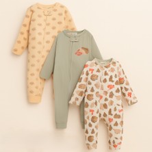 Unisex Erkek Bebek Kız Bebek %100 Pamuklu 9- 18 Ay Fermuarlı 3'lü Kirpi Desenli Manşetli Tulum Seti