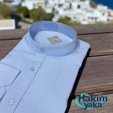 Linen Keten Klasik %100 Cotton Uzun Kollu Terletmeyen Hakim Yaka Mavi Gömlek (Regular Kalıp)