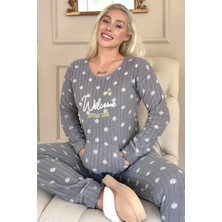 Gri Welcome Desenli Kanguru Cepli Peluş Polar Pijama Takımı