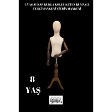 8 Yaş Keten Kumaşlı Ahşap Kollu Kumaş Kafalı Çocuk Terzi Mankeni Vitrin Mankeni