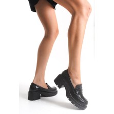 K-706 Siyah Kırışık Rugan Yüksek Tabanlı Loafer Ayakkabı