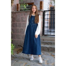 Mavi Önü Fermuarlı Klasik Gömlekli Kız Çocuk Kuşaklı Jean Elbise 22737