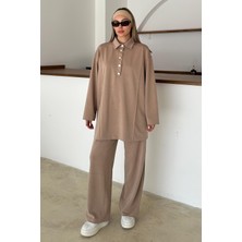 Gömlek Yaka Premium Örme Kumaş Tunik Pantolon Takım Kamel 9374-TK