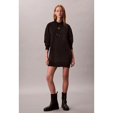 Kadın Rahat Kalıp Kapüşonlu Sweatshirt Elbise - Siyah