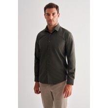 Haki Sert Yaka Filafil Desen Uzun Kol Slim Fit Pamuklu Gömlek 1004255181