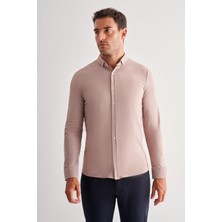 Koyu Kahverengi Smart Düğmeli Yaka Uzun Kol Cepsiz Slim Fit Casual Gömlek 1004255165