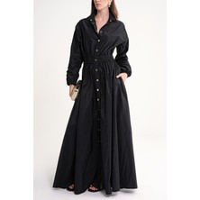 Siyah Lastik ve Çıtçıt Detaylı Uzun Gömlek Elbise 94627