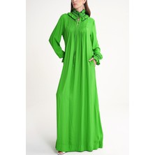 Yeşil Gipe Nakış Detaylı Bol Kesim Uzun Elbise 94552