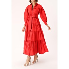 Kırmızı Büzgülü Uzun Kemerli Elbise 94332