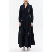 Lacivert Nakışlı Uzun Tafta Elbise 94341