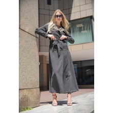 Siyah Kruvaze Kapama Leopar Yaka Detaylı Kemerli Trençkot 20406