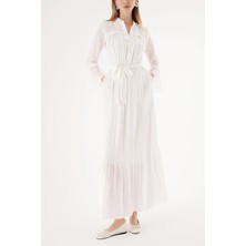 Beyaz Beli Lastikli Büzgülü Uzun Elbise 94541