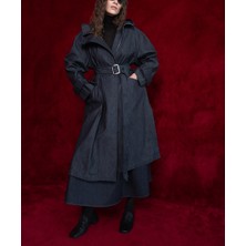 Lacivert Fermuarlı ve Kapişonlu Kemerli Trençkot 20408