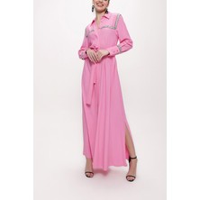 Pembe Şerit Aksesuarlı Kemerli Uzun Gömlek Elbise 94153