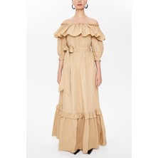 Vizon Düşük Omuzlu Fırfırlı Uzun Elbise 93073