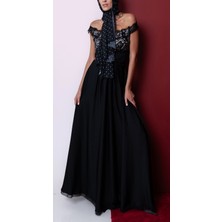 Siyah Dantel Detaylı Uzun Elbise 94607