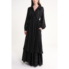 Siyah Büzgülü Bol Kesim Kemerli Uzun Elbise 94517