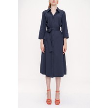 Lacivert Kemerli Bol Poplin Elbise 93995