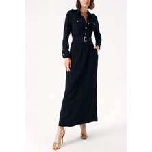 Siyah Aksesuar ve Kemer Detaylı Uzun Elbise 94233