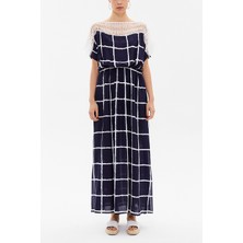 Mavi Yakası Dantelli Kuşaklı Uzun Elbise 93205