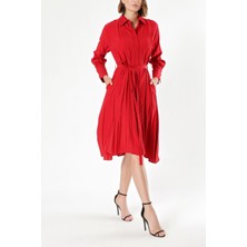Kırmızı Bol Kesim Pili Detaylı Gömlek Elbise 93828