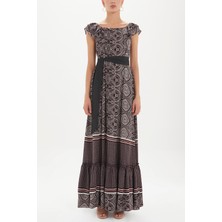 Bordo Omuzları Fırfırlı Uzun Elbise 92390