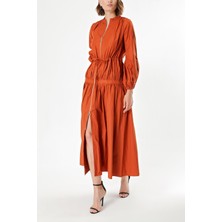 Tarçın Beli Lastikli Büzgülü Uzun Elbise 93842