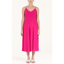 Fuşya Askılı V Yaka Midi Elbise 92296