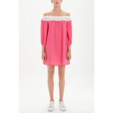 Pembe Düşük Omuz Dantelli Mini Elbise 92307