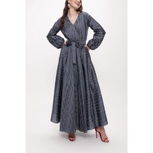 Gri V Yaka Beli Lastikli Uzun Elbise 94113