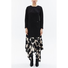 Siyah Desenli Kumaş  Kombinli Asimetrik Elbise 93308