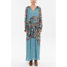 Mavi Desenli Fırfırlı Uzun Elbise 93315