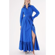 Mavi Kemerli Etek Ucu Büzgülü  Uzun Gömlek Elbise 94207