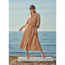 Bej Bol Kesim Keten Gömlek Elbise 93564