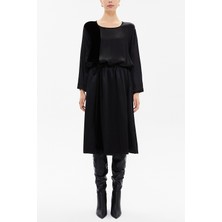 Siyah Belden Büzgülü Midi Elbise 93080