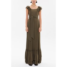 Haki Omuzları Fırfırlı Uzun Elbise 92390