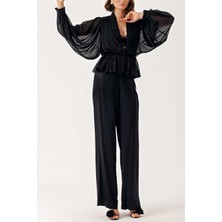 Puantiyeli Kruvaze, Drapeli Bol Şifon Gömlek 10829