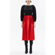 Kırmızı Beli Lastikli Midi Etek 81150