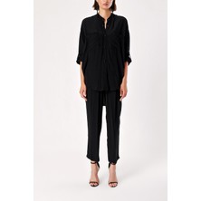 Siyah Bol Kesim Gömlek ve Beli Lastikli Pantolunlu Takım 12308