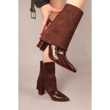 Cibuti Süet-Kroko Garnili Topuklu Bot Kahverengi