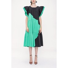 Siyah Yeşil Kontrast Renkli Büzgülü Elbise 93944