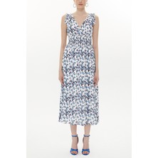 Mavi Desenli Beli Lastikli Kolsuz  Midi Elbise 93359