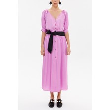 Lila V Yaka Uzun Elbise 92761