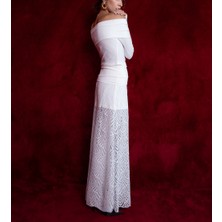 Ekru Örme Kumaş Karışımlı Uzun Dantel Etek 81309