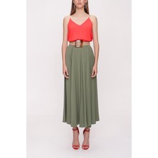 Haki Beli Lastikli Midi Etek 81209